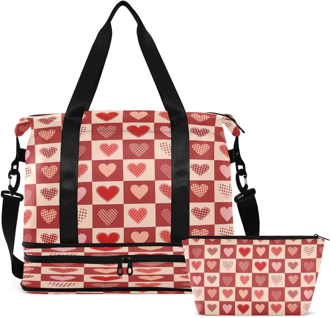 Gym Bag Sports Travel Duffel Bag Weekender Overnight Bag with Wet Pocket Shoes Compartment and Toiletry Bag Grid Lover Heart for Travel, Business,Gym, Yoga