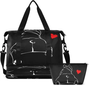Gym Bag Sports Travel Duffel Bag Weekender Overnight Bag with Wet Pocket Shoes Compartment and Toiletry Bag Heart Bulldog for Travel, Business,Gym, Yoga