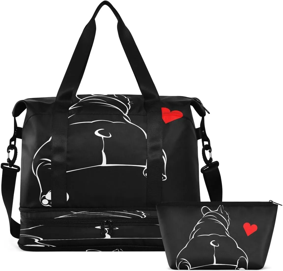 Gym Bag Sports Travel Duffel Bag Weekender Overnight Bag with Wet Pocket Shoes Compartment and Toiletry Bag Heart Bulldog for Travel, Business,Gym, Yoga