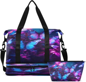 Gym Bag Sports Travel Duffel Bag Weekender Overnight Bag with Wet Pocket Shoes Compartment and Toiletry Bag Light Blue Butterfly for Travel, Business,Gym, Yoga