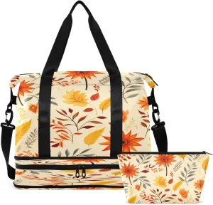 Gym Bag Sports Travel Duffel Bag Weekender Overnight Bag with Wet Pocket Shoes Compartment and Toiletry Bag Orange Flower for Travel, Business,Gym, Yoga
