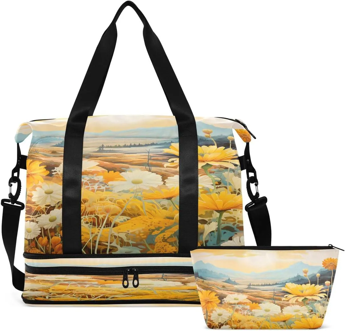Gym Bag Sports Travel Duffel Bag Weekender Overnight Bag with Wet Pocket Shoes Compartment and Toiletry Bag Painting Yellow Flower for Travel, Business,Gym, Yoga