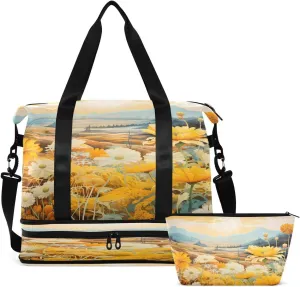 Gym Bag Sports Travel Duffel Bag Weekender Overnight Bag with Wet Pocket Shoes Compartment and Toiletry Bag Painting Yellow Flower for Travel, Business,Gym, Yoga