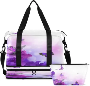 Gym Bag Sports Travel Duffel Bag Weekender Overnight Bag with Wet Pocket Shoes Compartment and Toiletry Bag Purple Butterfly Flowers for Travel, Business,Gym, Yoga