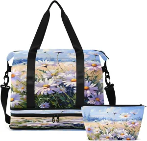 Gym Bag Sports Travel Duffel Bag Weekender Overnight Bag with Wet Pocket Shoes Compartment and Toiletry Bag Purple Daisy for Travel, Business,Gym, Yoga