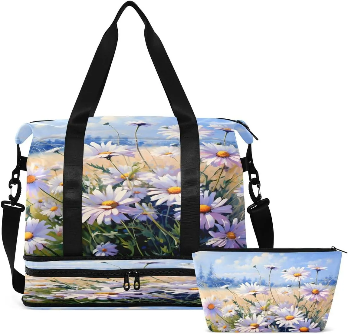 Gym Bag Sports Travel Duffel Bag Weekender Overnight Bag with Wet Pocket Shoes Compartment and Toiletry Bag Purple Daisy for Travel, Business,Gym, Yoga