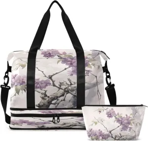 Gym Bag Sports Travel Duffel Bag Weekender Overnight Bag with Wet Pocket Shoes Compartment and Toiletry Bag Purple Floral for Travel, Business,Gym, Yoga
