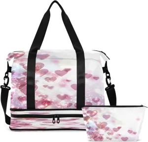 Gym Bag Sports Travel Duffel Bag Weekender Overnight Bag with Wet Pocket Shoes Compartment and Toiletry Bag Purple Love Heart for Travel, Business,Gym, Yoga