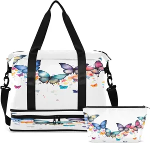 Gym Bag Sports Travel Duffel Bag Weekender Overnight Bag with Wet Pocket Shoes Compartment and Toiletry Bag Queuing Butterfly for Travel, Business,Gym, Yoga