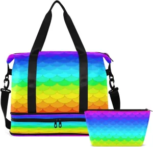 Gym Bag Sports Travel Duffel Bag Weekender Overnight Bag with Wet Pocket Shoes Compartment and Toiletry Bag Rainbow Dot for Travel, Business,Gym, Yoga