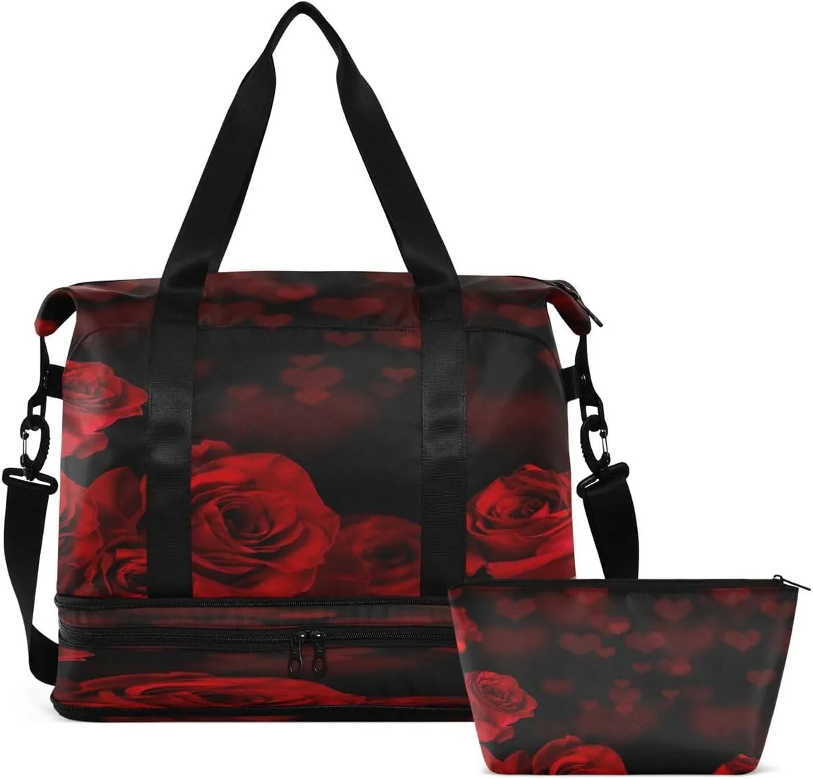 Gym Bag Sports Travel Duffel Bag Weekender Overnight Bag with Wet Pocket Shoes Compartment and Toiletry Bag Red Roses for Travel, Business,Gym, Yoga