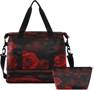 Gym Bag Sports Travel Duffel Bag Weekender Overnight Bag with Wet Pocket Shoes Compartment and Toiletry Bag Red Roses for Travel, Business,Gym, Yoga