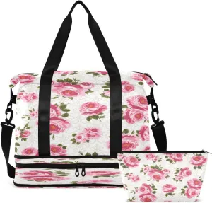 Gym Bag Sports Travel Duffel Bag Weekender Overnight Bag with Wet Pocket Shoes Compartment and Toiletry Bag Rose Flowers for Travel, Business,Gym, Yoga