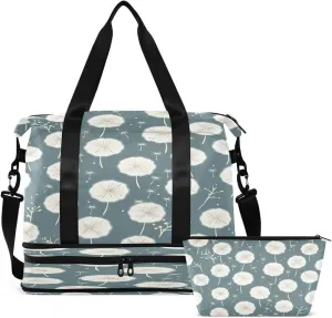 Gym Bag Sports Travel Duffel Bag Weekender Overnight Bag with Wet Pocket Shoes Compartment and Toiletry Bag White Dandelion for Travel, Business,Gym, Yoga