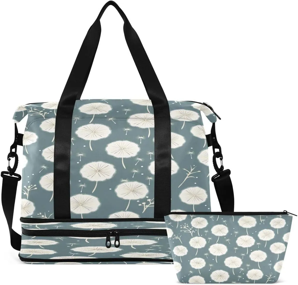 Gym Bag Sports Travel Duffel Bag Weekender Overnight Bag with Wet Pocket Shoes Compartment and Toiletry Bag White Dandelion for Travel, Business,Gym, Yoga