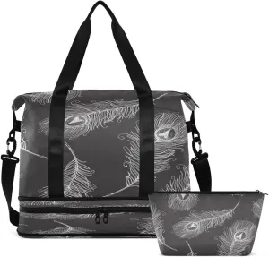 Gym Bag Sports Travel Duffel Bag Weekender Overnight Bag with Wet Pocket Shoes Compartment and Toiletry Bag White Feather for Travel, Business,Gym, Yoga