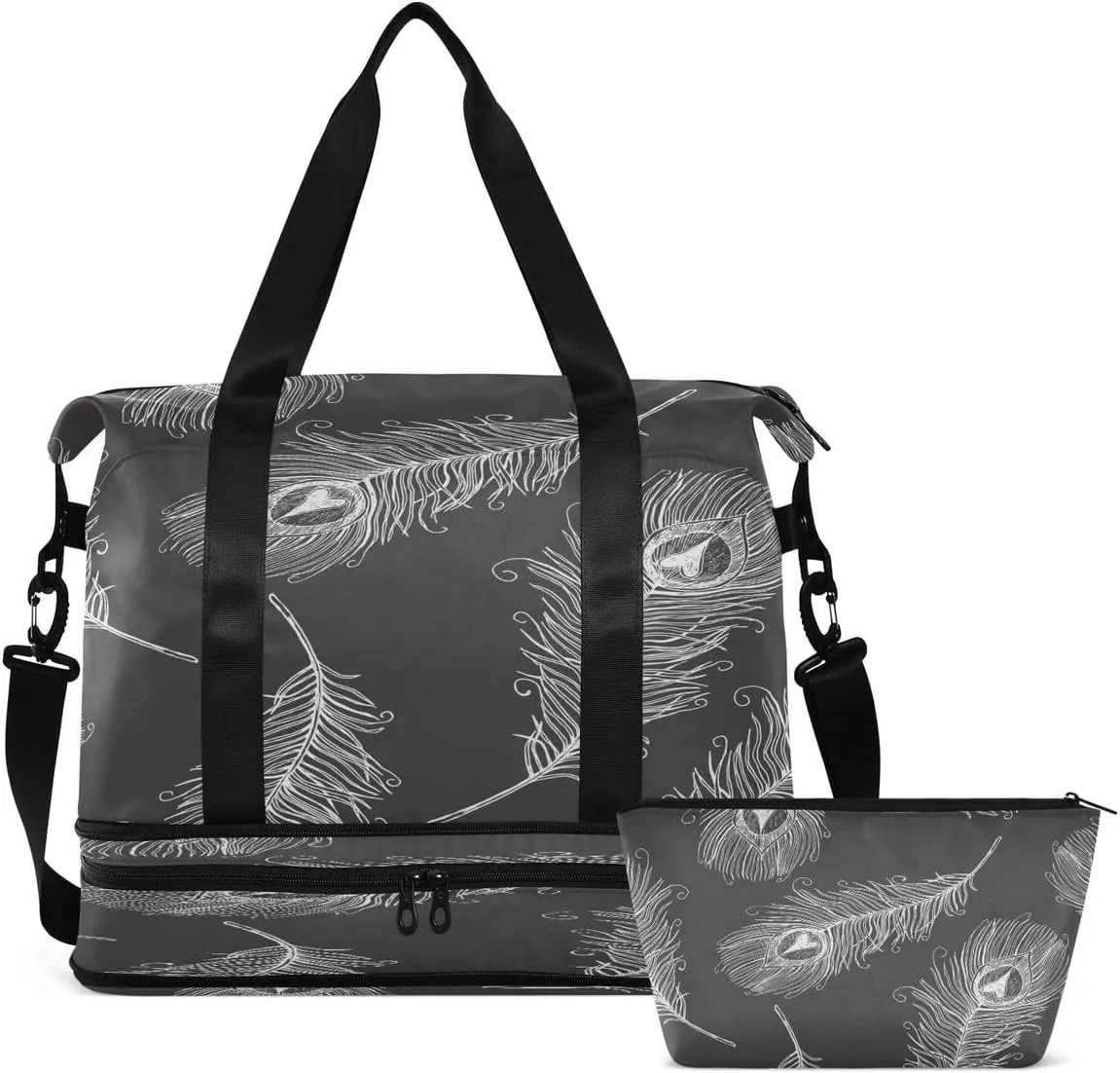 Gym Bag Sports Travel Duffel Bag Weekender Overnight Bag with Wet Pocket Shoes Compartment and Toiletry Bag White Feather for Travel, Business,Gym, Yoga