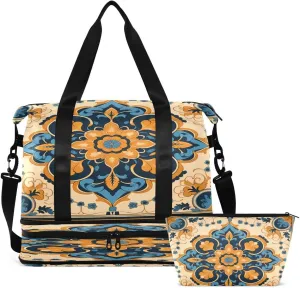 Gym Bag Sports Travel Duffel Bag Weekender Overnight Bag with Wet Pocket Shoes Compartment and Toiletry Bag Yellow Blue Bohemia for Travel, Business,Gym, Yoga