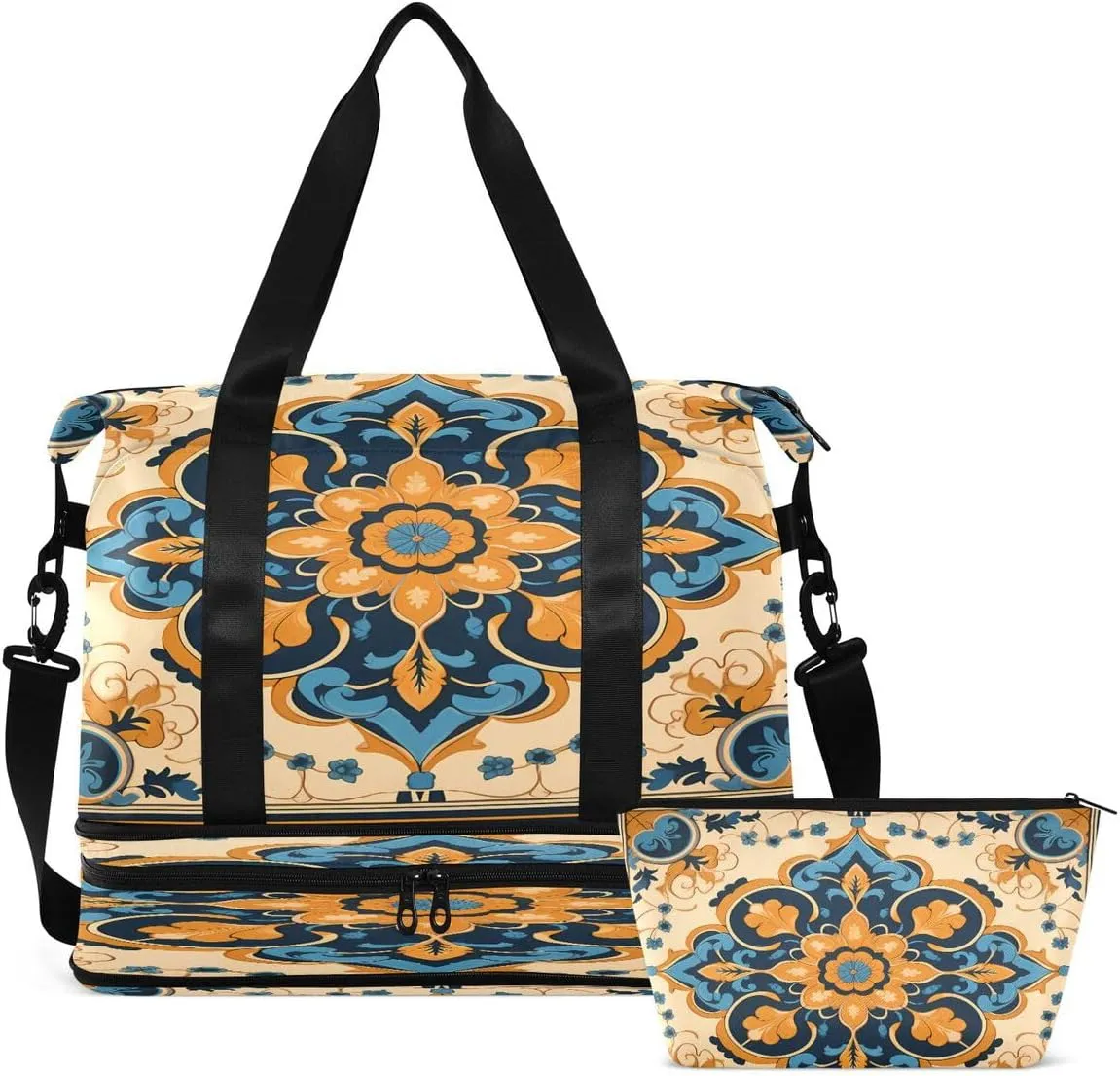 Gym Bag Sports Travel Duffel Bag Weekender Overnight Bag with Wet Pocket Shoes Compartment and Toiletry Bag Yellow Blue Bohemia for Travel, Business,Gym, Yoga