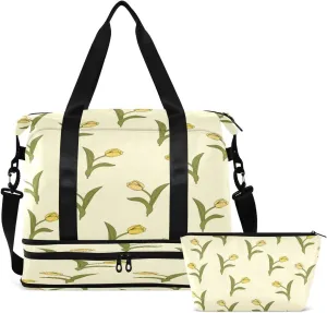 Gym Bag Sports Travel Duffel Bag Weekender Overnight Bag with Wet Pocket Shoes Compartment and Toiletry Bag Yellow Tulip for Travel, Business,Gym, Yoga