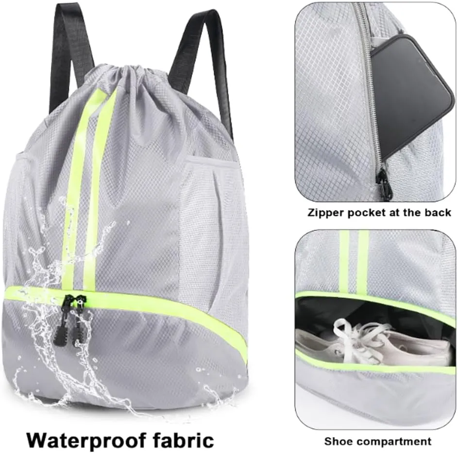 Gym Drawstring Backpack, Mens Women Workout Sport Basketball Bag with Dry Wet Separation Pocket and Shoes Compartment for Running Fitness Cycling Swimming Playing Camping(Gray)