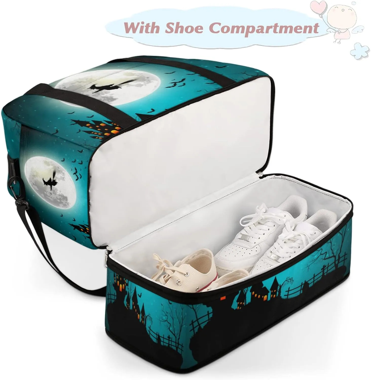Halloween Witch Moon Castle Foldable Travel Duffel Bag Tote Carry on Luggage Sport Duffle for Women Men Gym Bag Overnight Weekender Bags with Shoe Compartments & Shoulder Strap