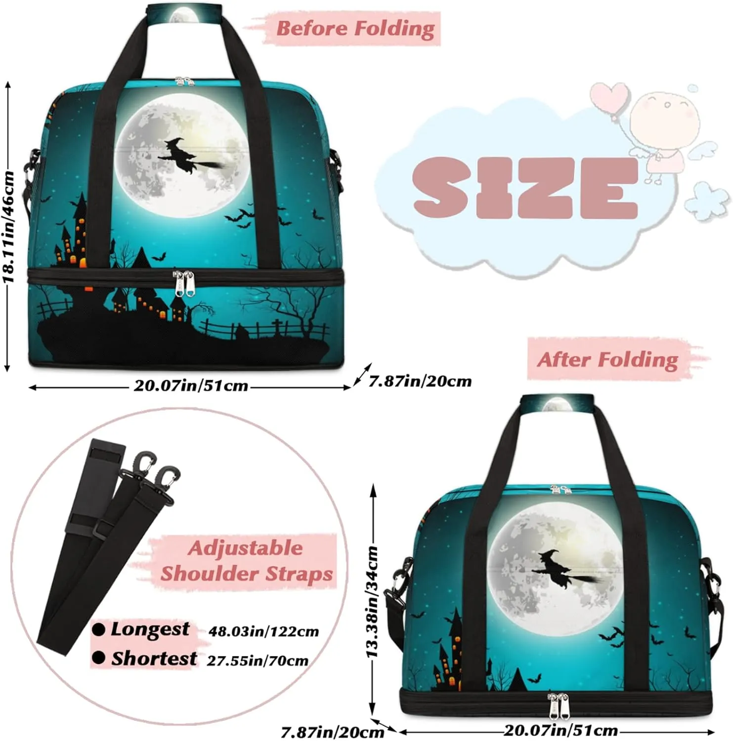 Halloween Witch Moon Castle Foldable Travel Duffel Bag Tote Carry on Luggage Sport Duffle for Women Men Gym Bag Overnight Weekender Bags with Shoe Compartments & Shoulder Strap