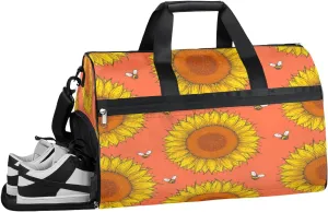 Hand Drawn Sunflower Resistant Sports Gym Bag for Women Men Travel Duffel bag with Wet Pocket & Shoes Compartment Waterproof Weekender Bag 19.7"x9.9"x13"