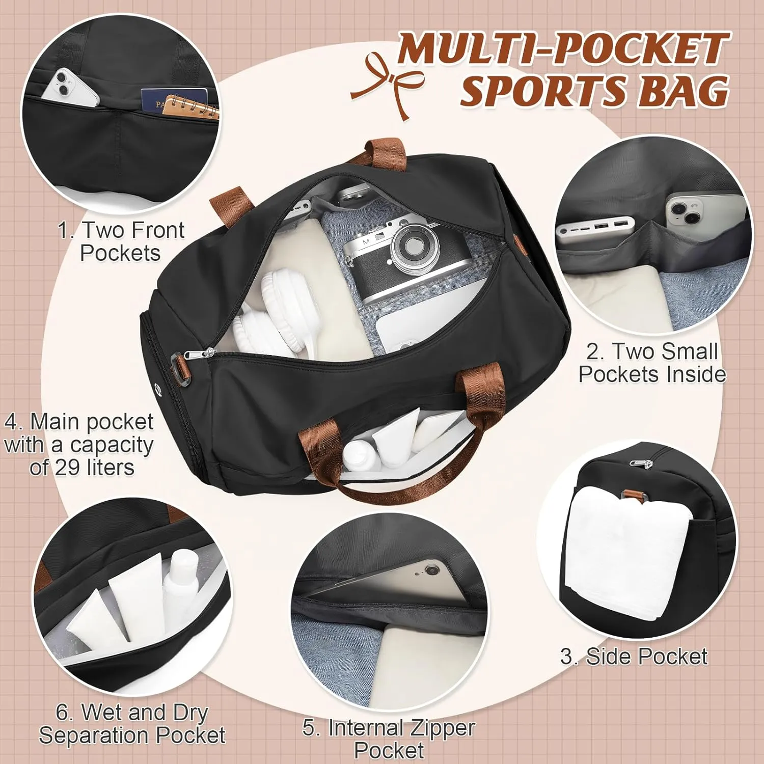HYC00 Sporty Duffel Bag Women Men Fitness Bag Sports Bag Women's Sports Gym Bags with Shoe Compartment Gym Bag Hospital Bag Overnight Bag Hand Luggage with Wet Pocket Weekender Bag Travel Duffel Bags