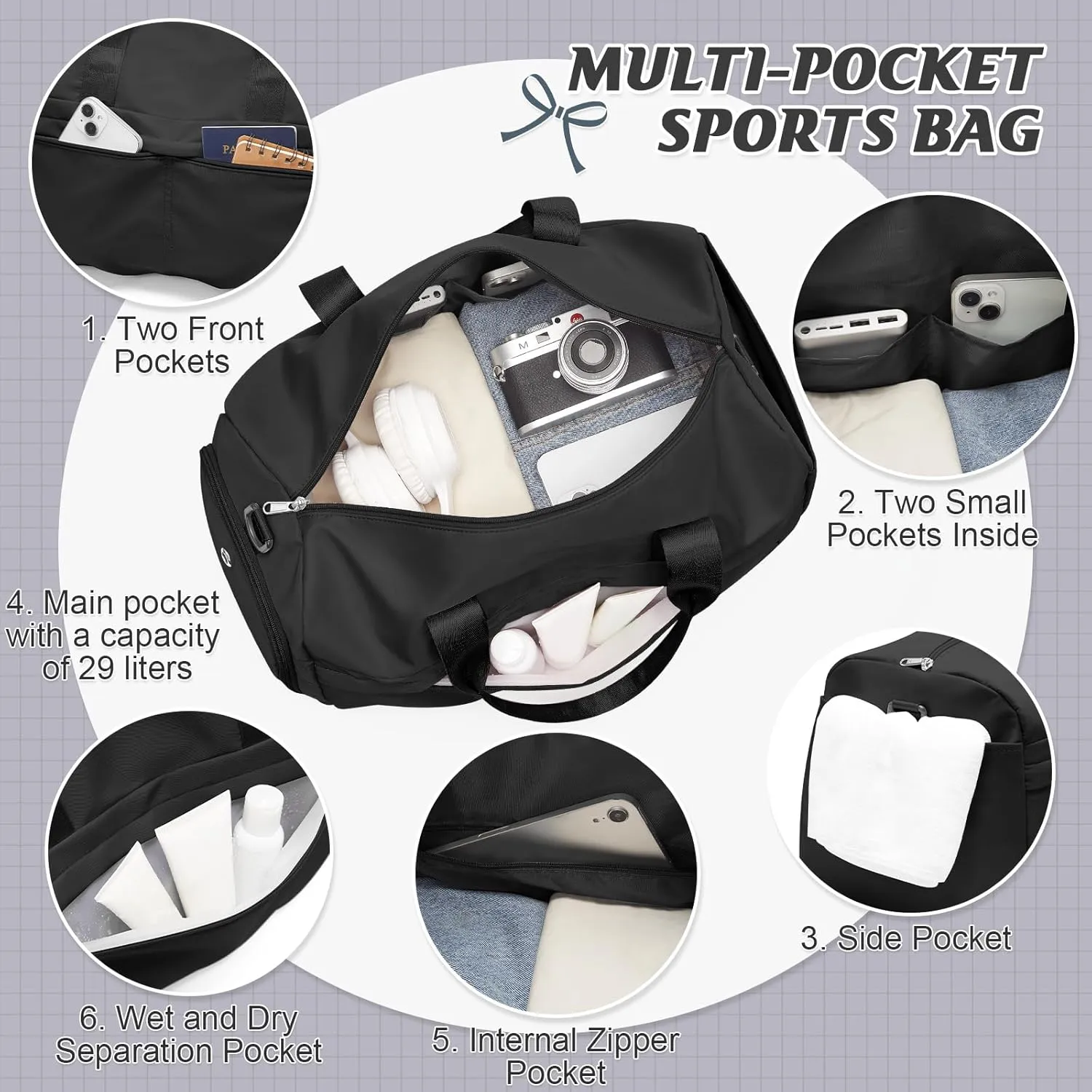 HYC00 Sporty Duffel Bag Women Men Fitness Bag Sports Bag Women's Sports Gym Bags with Shoe Compartment Gym Bag Hospital Bag Overnight Bag Hand Luggage with Wet Pocket Weekender Bag Travel Duffel Bags