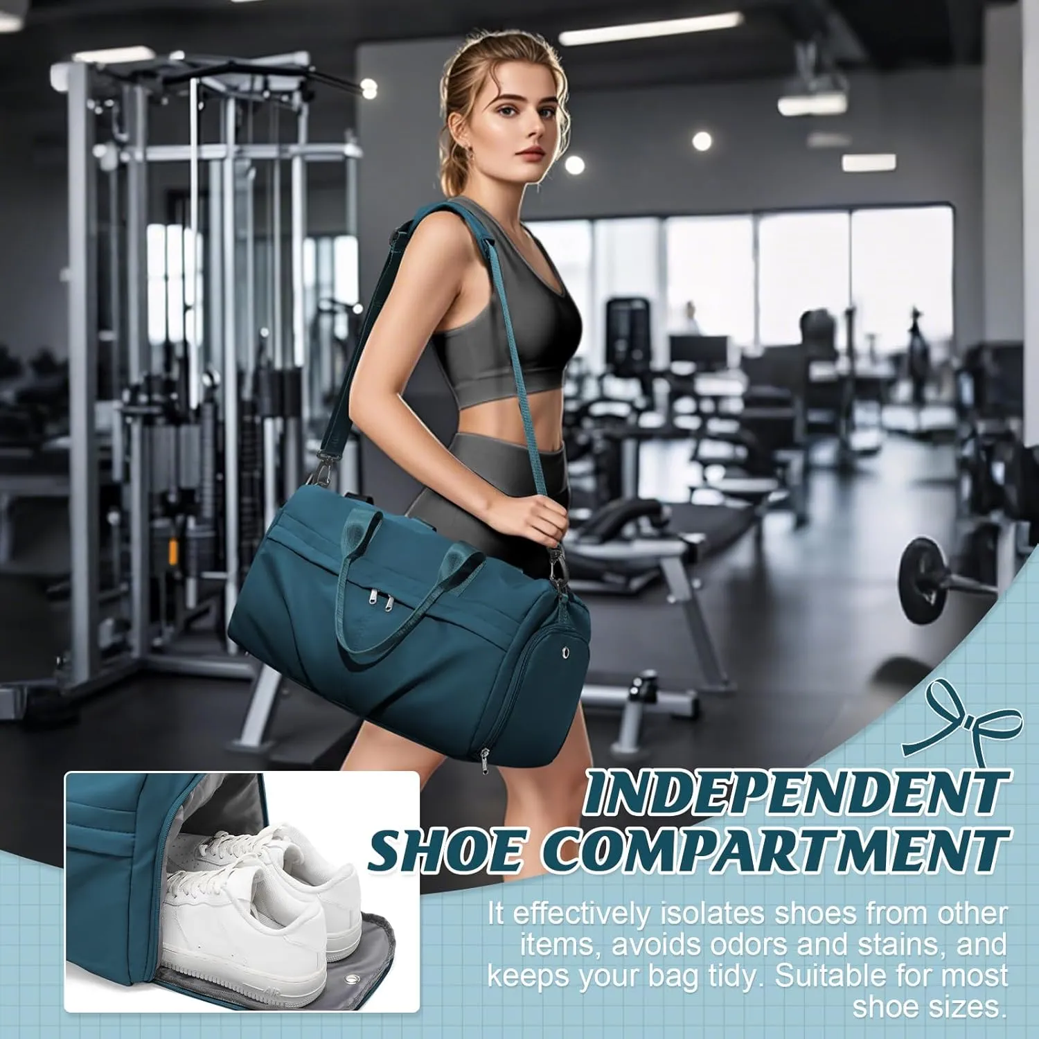 HYC00 Sporty Duffel Bag Women Men Fitness Bag Sports Bag Women's Sports Gym Bags with Shoe Compartment Gym Bag Hospital Bag Overnight Bag Hand Luggage with Wet Pocket Weekender Bag Travel Duffel Bags
