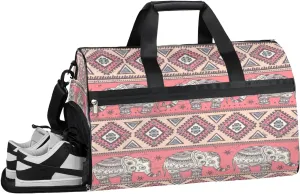 Indian Elephant Print Resistant Sports Gym Bag for Women Men Travel Duffel bag with Wet Pocket & Shoes Compartment Waterproof Weekender Bag 19.7"x9.9"x13"