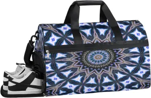 Indian Floral Blue Mandala Resistant Sports Gym Bag for Women Men Travel Duffel bag with Wet Pocket & Shoes Compartment Waterproof Weekender Bag 19.7"x9.9"x13"