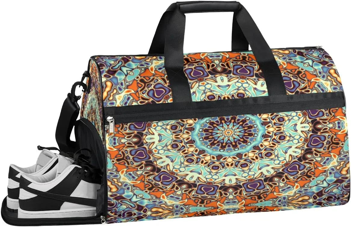 Indian Tribal Mandala Resistant Sports Gym Bag for Women Men Travel Duffel bag with Wet Pocket & Shoes Compartment Waterproof Weekender Bag 19.7"x9.9"x13"