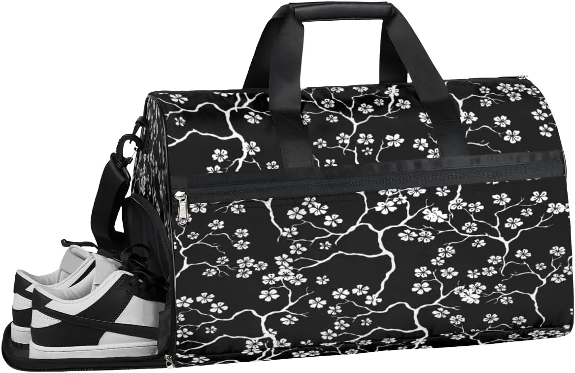 Japanese Flower Abstract Sports Gym Bag for Women and Men Travel Duffel Bag Overnight Shoulder Bag Waterproof Workout Bag Portable Sports Tote with Shoes Compartment
