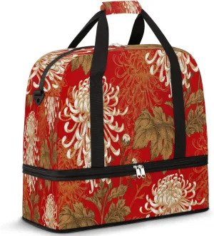 Japanese Flower Floral Chrysanthemum Foldable Travel Duffel Bag Tote Carry on Luggage Sport Duffle for Women Men Gym Bag Overnight Weekender Bags with Shoe Compartments and Shoulder Strap