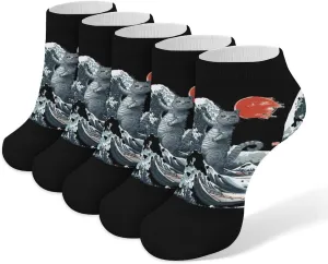 Japanese Funny Cat Wave Sun 5 Pairs Low Cut Ankle Socks for Men Women Athletic Running Socks No Show Breathable