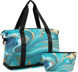 Kigai Blue Gold Marble Gym Bag for Women & Men,Waterproof Weekender Overnight Bag with Shoes Compartment Sports Duffel Bag for Gym Yoga Swimming Camping