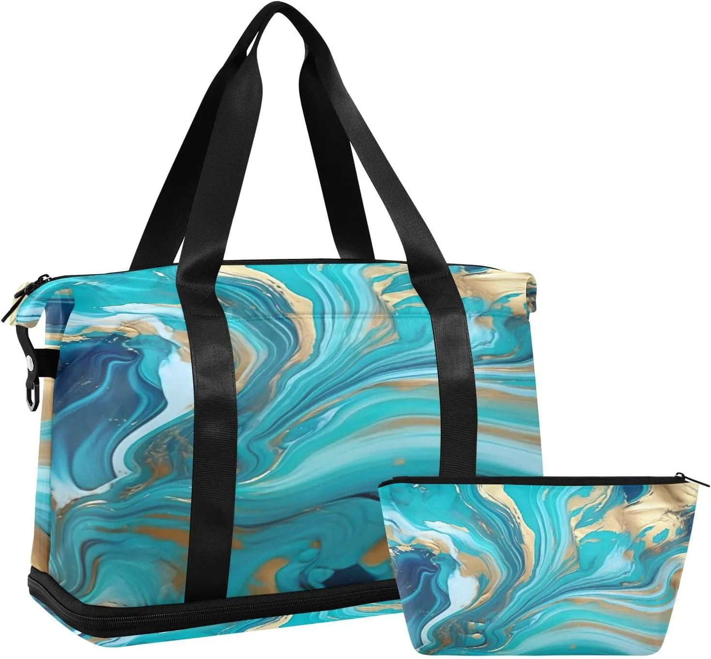 Kigai Blue Gold Marble Gym Bag for Women & Men,Waterproof Weekender Overnight Bag with Shoes Compartment Sports Duffel Bag for Gym Yoga Swimming Camping