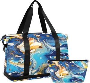 Kigai Blue Gold Marble Gym Bag for Women & Men,Waterproof Weekender Overnight Bag with Shoes Compartment Sports Duffel Bag for Gym Yoga Swimming Camping