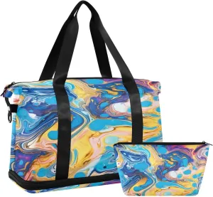 Kigai Blue Gold Marble Gym Bag for Women & Men,Waterproof Weekender Overnight Bag with Shoes Compartment Sports Duffel Bag for Gym Yoga Swimming Camping