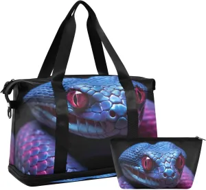 Kigai Blue Red Snake Gym Bag for Women & Men,Waterproof Weekender Overnight Bag with Shoes Compartment Sports Duffel Bag for Gym Yoga Swimming Camping