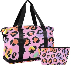 Kigai Colorful Leopard Print Gym Bag for Women & Men,Waterproof Weekender Overnight Bag with Shoes Compartment Sports Duffel Bag for Gym Yoga Swimming Camping