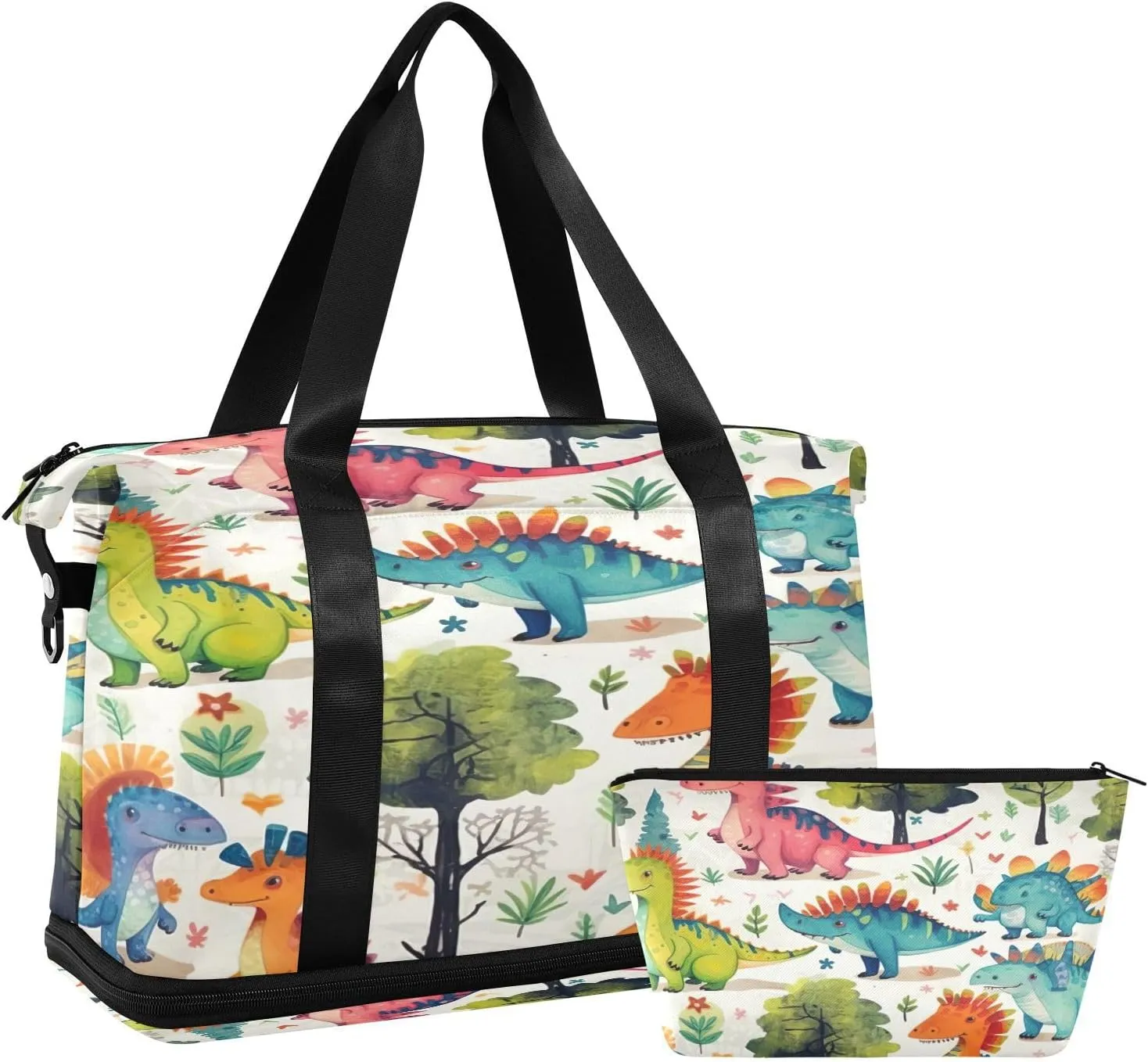 Kigai Cute Cartoon Dinosaur Gym Bag for Women & Men,Waterproof Weekender Overnight Bag with Shoes Compartment Sports Duffel Bag for Gym Yoga Swimming Camping