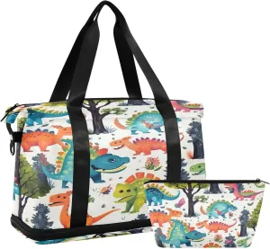 Kigai Cute Cartoon Dinosaur Gym Bag for Women & Men,Waterproof Weekender Overnight Bag with Shoes Compartment Sports Duffel Bag for Gym Yoga Swimming Camping