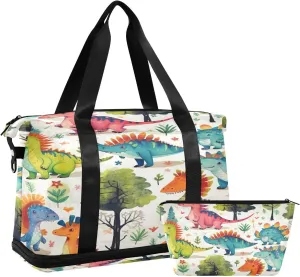 Kigai Cute Cartoon Dinosaur Gym Bag for Women & Men,Waterproof Weekender Overnight Bag with Shoes Compartment Sports Duffel Bag for Gym Yoga Swimming Camping