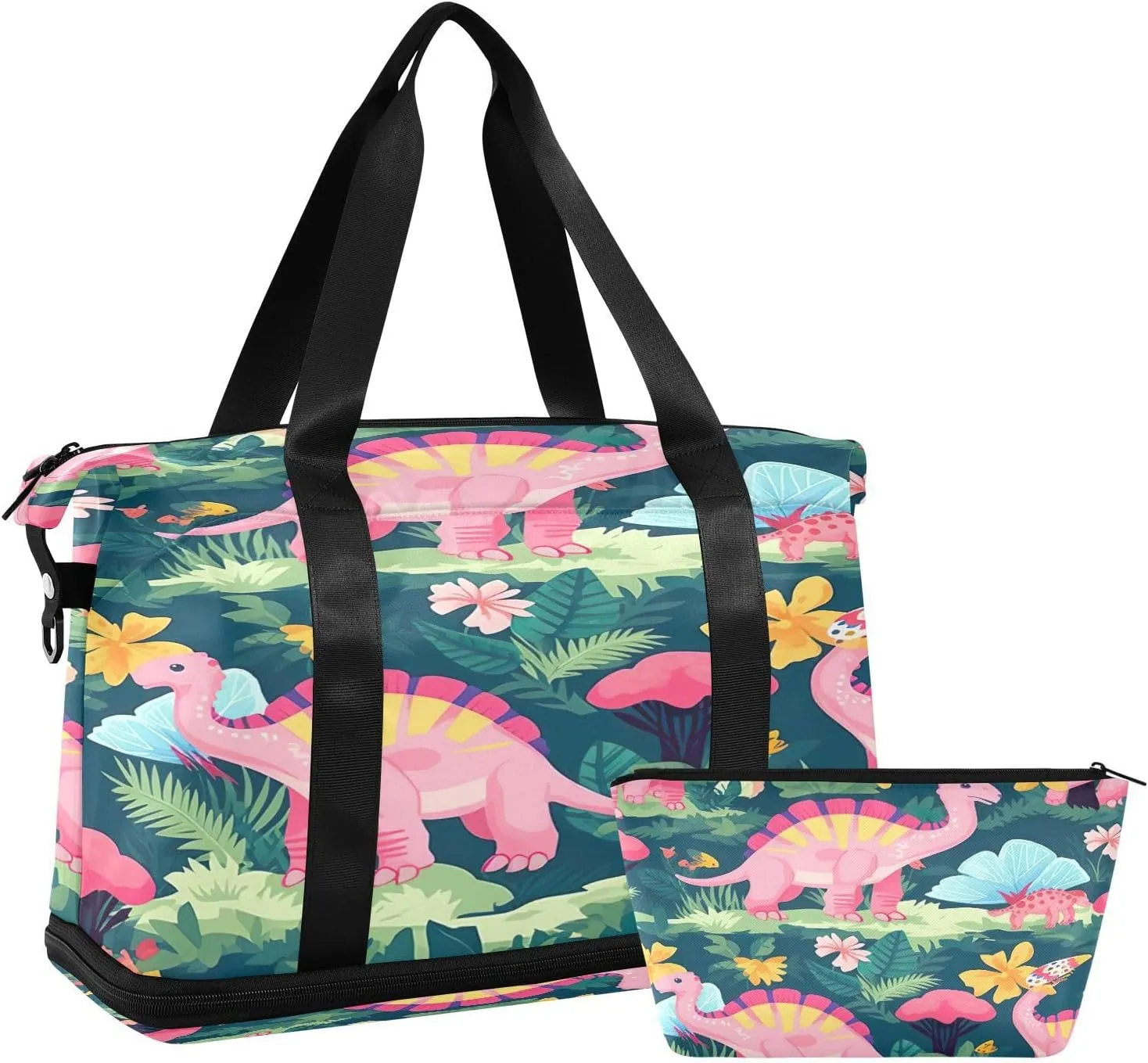 Kigai Cute Cartoon Dinosaur Gym Bag for Women & Men,Waterproof Weekender Overnight Bag with Shoes Compartment Sports Duffel Bag for Gym Yoga Swimming Camping