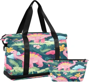 Kigai Cute Cartoon Dinosaur Gym Bag for Women & Men,Waterproof Weekender Overnight Bag with Shoes Compartment Sports Duffel Bag for Gym Yoga Swimming Camping