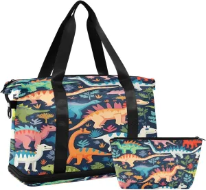 Kigai Cute Cartoon Dinosaur Gym Bag for Women & Men,Waterproof Weekender Overnight Bag with Shoes Compartment Sports Duffel Bag for Gym Yoga Swimming Camping
