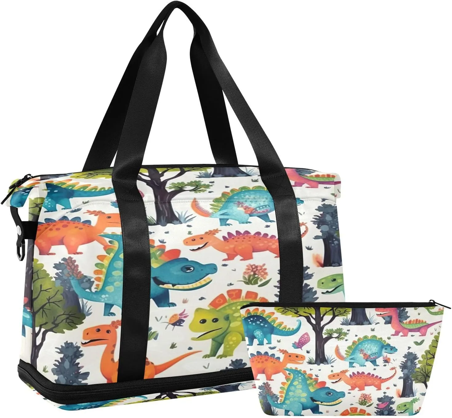 Kigai Cute Cartoon Dinosaur Gym Bag for Women & Men,Waterproof Weekender Overnight Bag with Shoes Compartment Sports Duffel Bag for Gym Yoga Swimming Camping